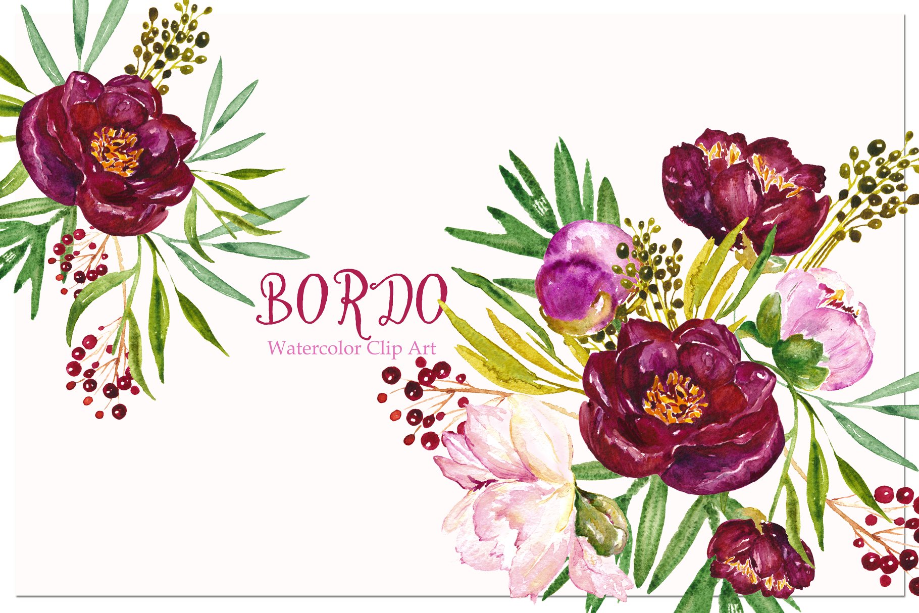 水彩牡丹花卉剪纸艺术数字剪贴画 Peony Bordo. Watercolor Clipart.插图(1)