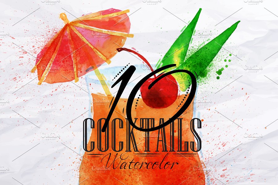 鸡尾酒水彩画矢量图形 Cocktails watercolor插图