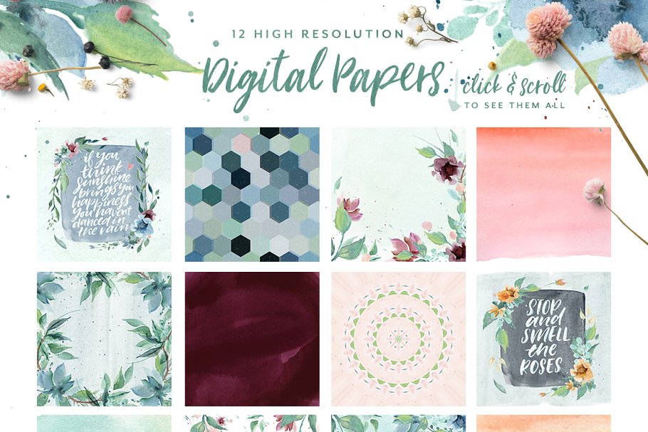 手写英文字体&手绘水彩花卉剪贴画 Loving Saskia Font & Graphics Bundle插图(10)