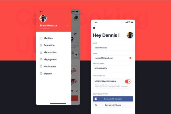 网约车APP应用UI设计之菜单&amp;用户界面设计模板 Car Booking UI mobile concept – Menu &amp; Profile