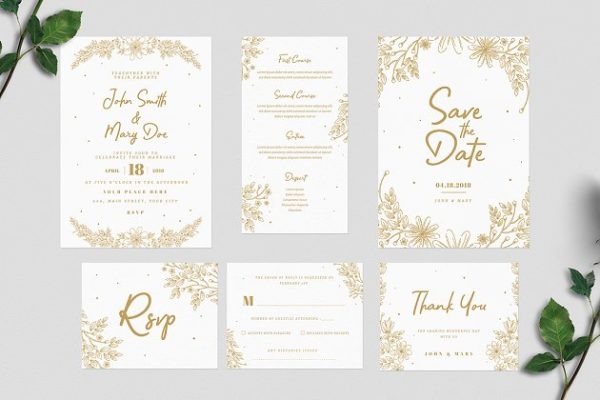 优雅奢华的金色调花卉婚礼邀请函模板套装 Gold Floral Wedding Invitation