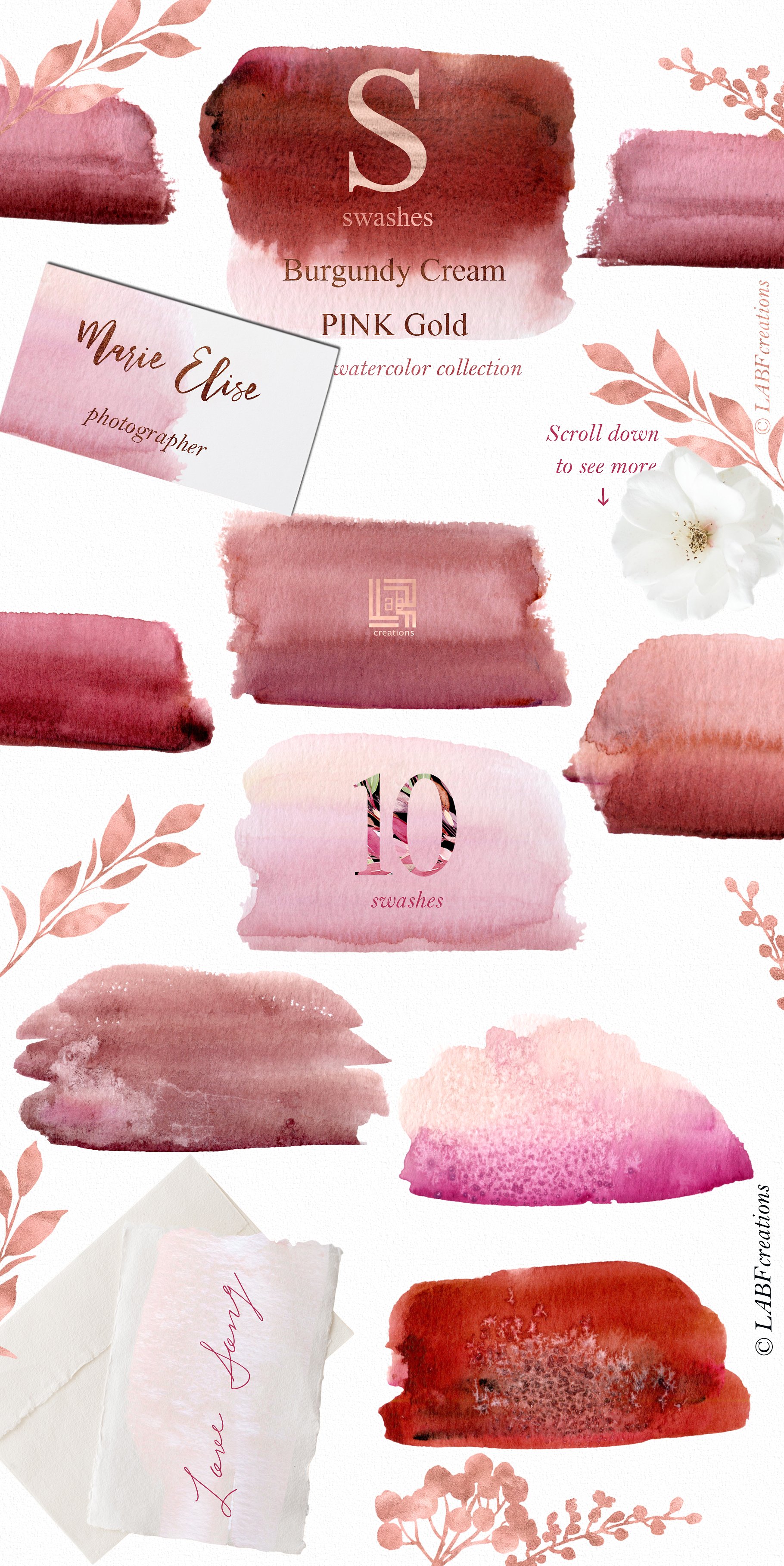 勃艮第奶油和金粉色水彩花卉剪贴画 Burgundy cream & gold pink flowers插图(9)