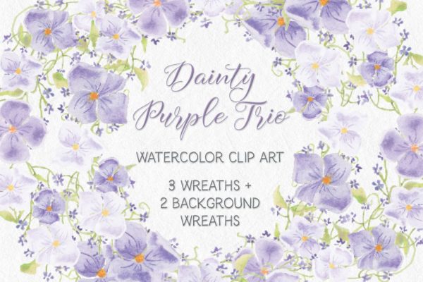 紫色水彩手绘花环图案PNG素材 Trio of Watercolor Floral Wreaths in Purple Shades