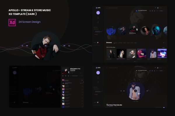流媒体在线音乐网站UI设计XD模板 Stream &amp; Store Music XD Template ( Dark version )