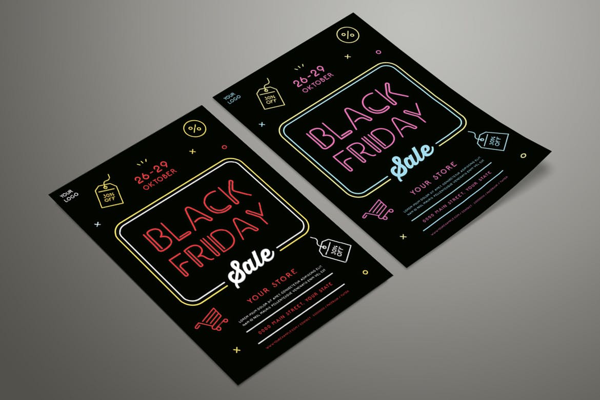 霓虹灯设计风格黒五购物节店铺促销广告传单海报模板 Black Friday Sale Flyer插图(3)