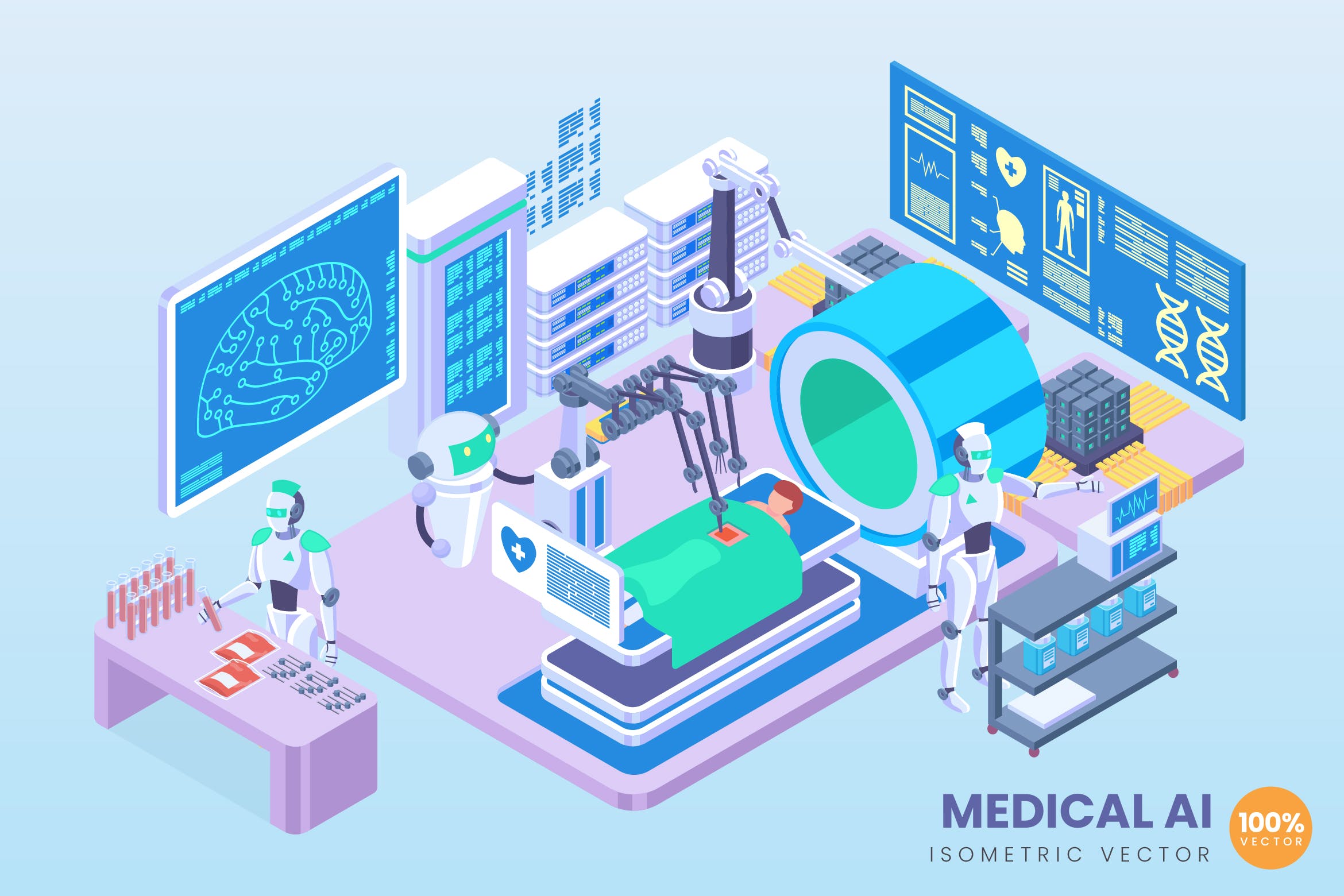 医学人工智能等距矢量插画 Isometric Medical Artificial Intelligence Vector插图