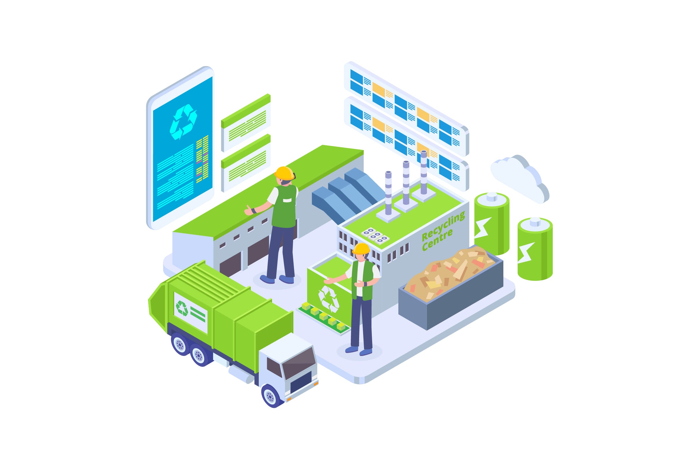 绿色环保回收工厂等距矢量插画素材 Recycle Plant Factory Isometric Vector插图