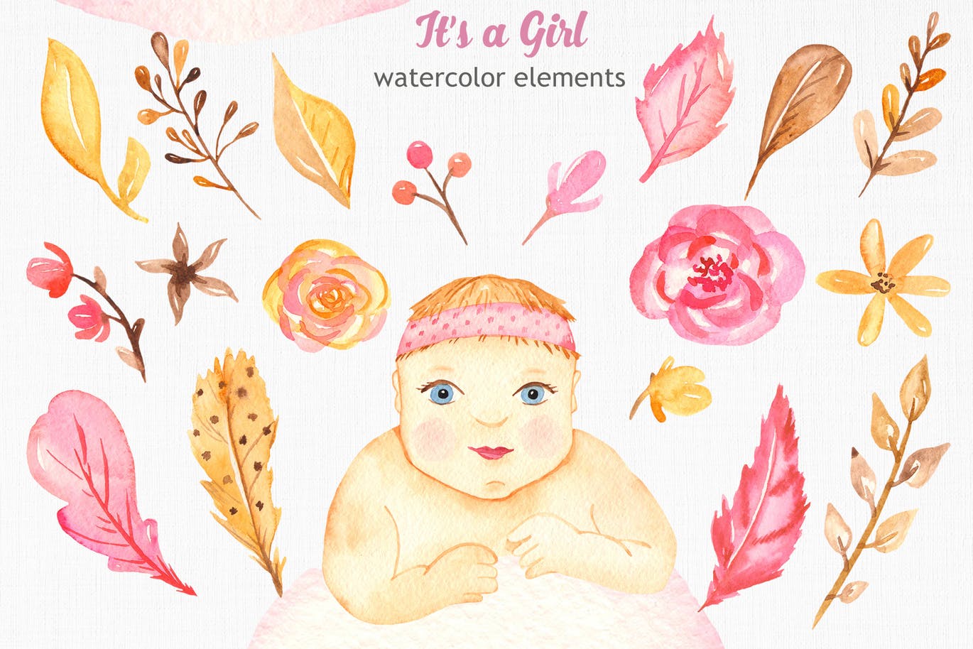 女新生儿婴儿水彩手绘矢量剪贴画/卡片/无缝图案背景素材 It’s a girl watercolor clipart, cards, patterns插图(2)