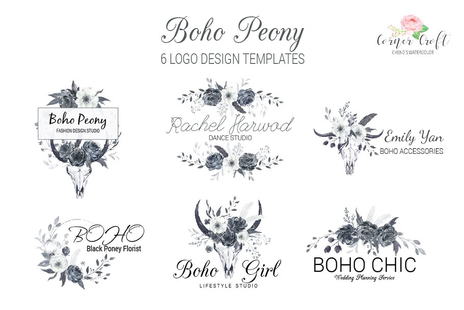 黑白色牡丹花水彩剪贴画 Boho Peonies Black and White插图(5)