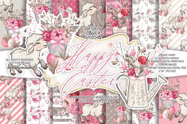 粉红系复活节礼品包装纸张图案纹理套装 Happy Easter Lamb digital paper pack