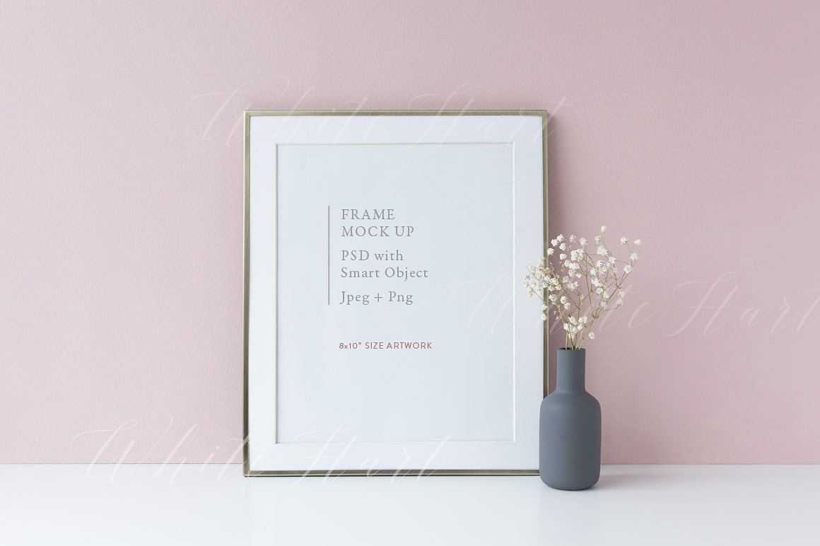 极简主义银色画框相框样机模板 8×10 golden frame mock up – pink bgd插图