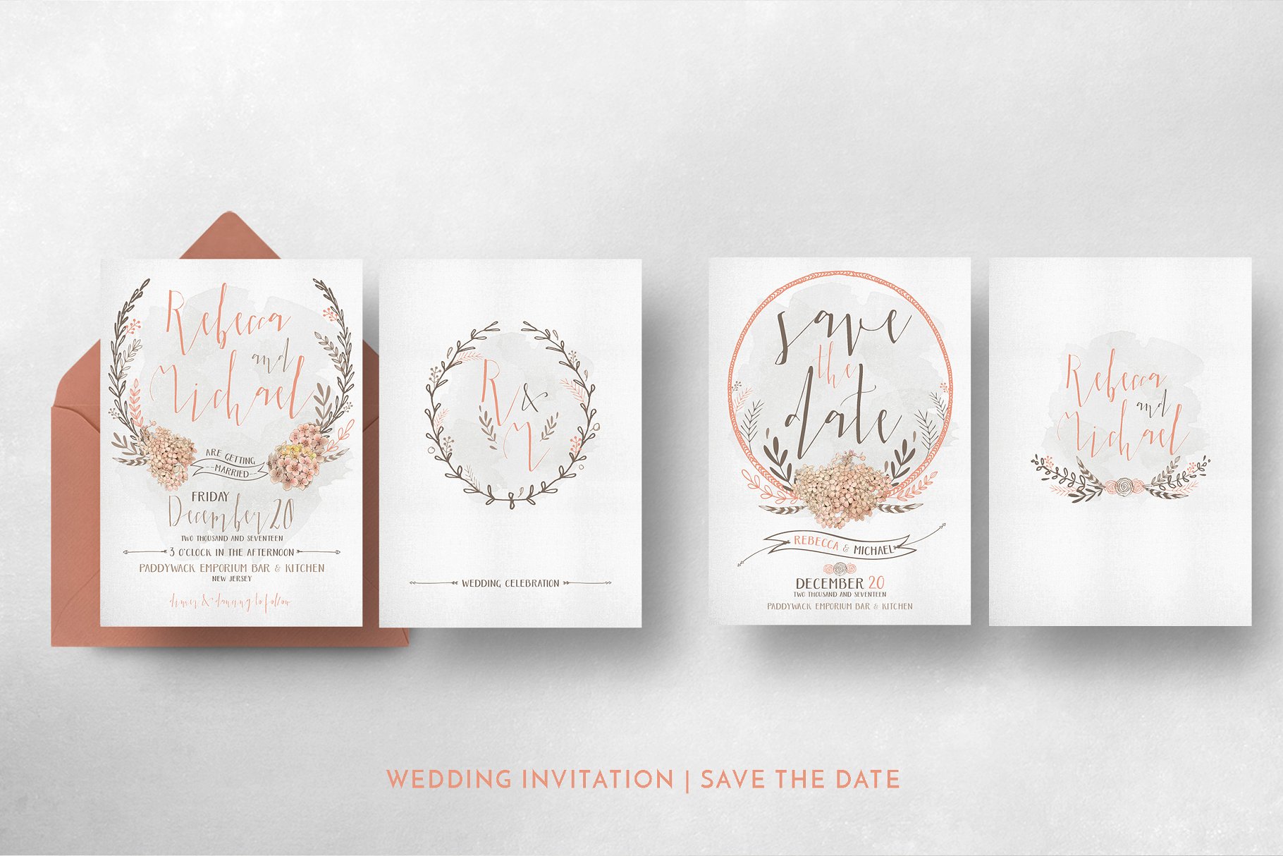 水彩花环花卉婚礼邀请物料模板 Wreath & Flower Wedding Suite插图(6)