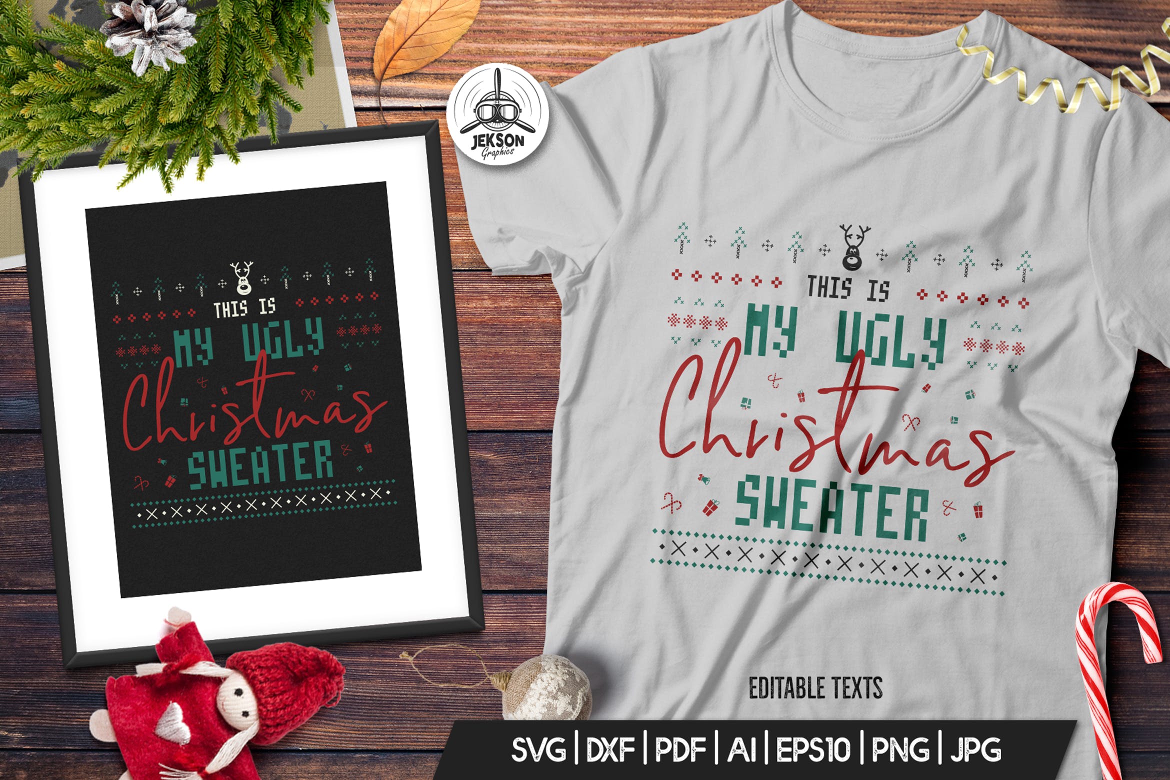 复古风格圣诞主题T恤印花图案设计素材 Retro Ugly Christmas Print TShirt Design with Deer插图