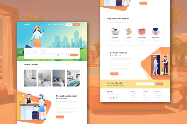 旅行酒店预订网站主页设计XD模板 Hotelio – Booking &amp; Travel Homepage (XD Template)