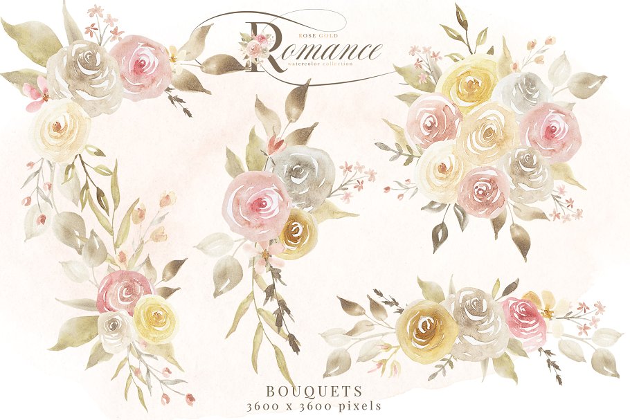 玫瑰金浪漫水彩花卉剪贴画 Rose Gold Romance Watercolor Flowers插图(4)