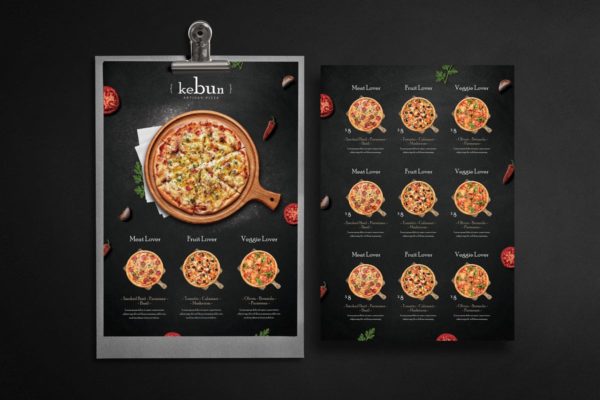 披萨店食品黑色排版菜单设计模板 Rustic Pizza Menu – Flyer