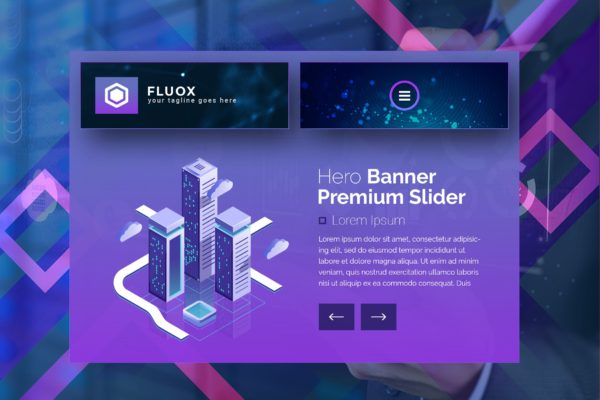 智能办公大楼主题插画网站着陆页设计素材库精选模板 Fluox – Hero Banner Landing Page Template