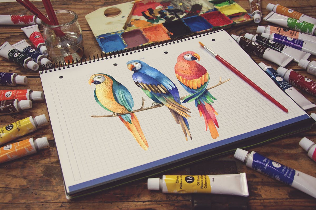 画室创作场景网格笔记本样机模板v5 Grid Notebook Paint Scene插图