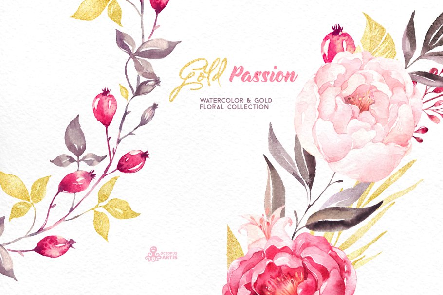 激情黄金花卉水彩插画集 Gold Passion. Floral collection插图(4)