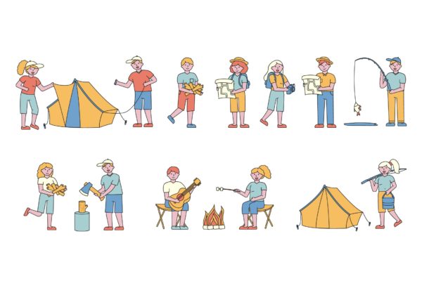 野营户外运动主题人物形象线条艺术矢量插画素材库精选素材 Campers Lineart People Character Collection