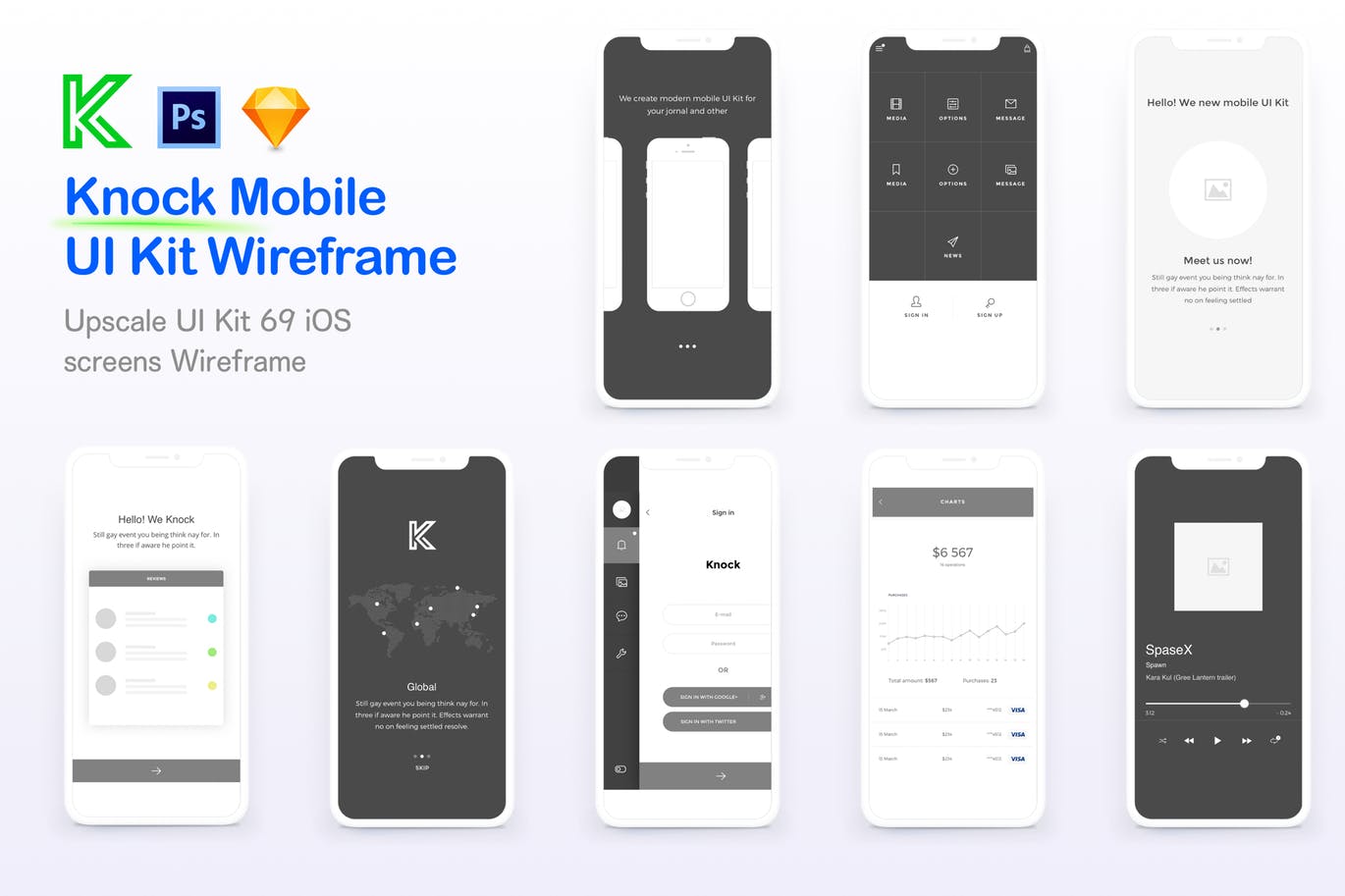 69+电商APP应用界面设计线框图模板素材 Knock Mobile UI Kit eCommerce Wireframe插图