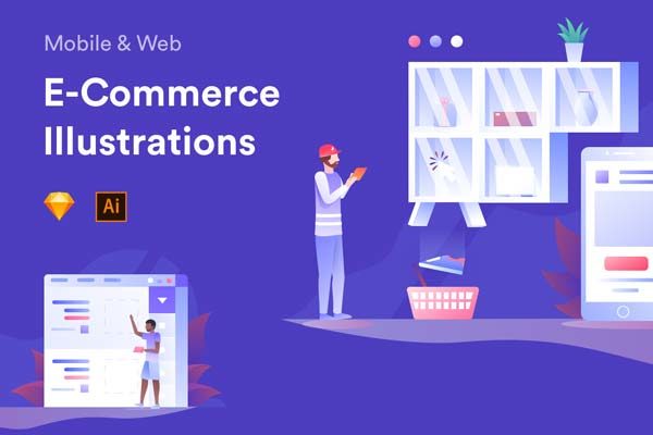 素材库下午茶：电商互联网概念手绘插画素材下载[Ai,Sketch]