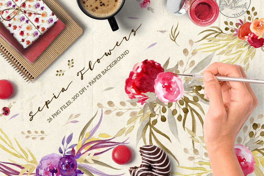 手工彩绘乌贼花剪贴画素材  Sepia Flowers插图