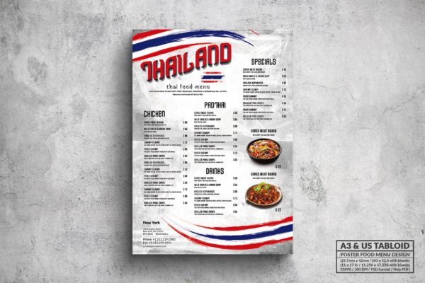 泰国菜招牌餐厅素材库精选菜单模板 Thai Cuisine Poster Food Menu – A3 &amp; US Tabloid