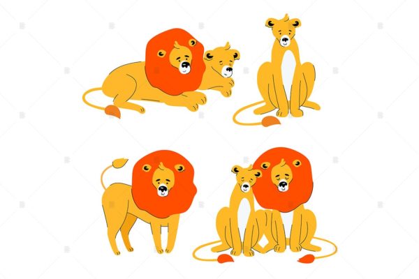 可爱狮子卡通动物扁平设计风格矢量插画素材库精选 Cute lion and lioness – flat design characters