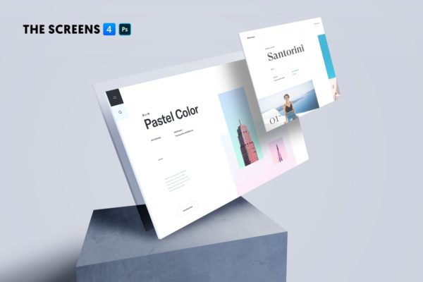 网站&amp;APP界面设计效果图屏幕预览素材库精选样机 The Screens 4 – Perspective PSD Mockup Template