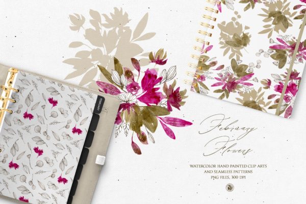 二月花水彩手绘花卉无缝图案背景素材库精选 February Flowers