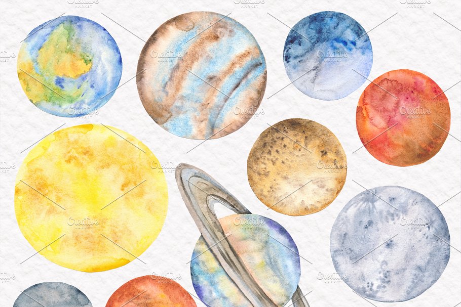 太空行星水彩设计素材包 Space Toolkit Watercolor Planets插图(1)