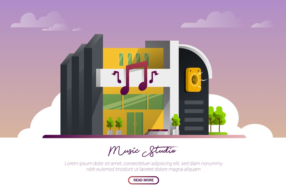 音乐工作室矢量景观与建筑插画 Music Studio – Vector Landscape & Building插图