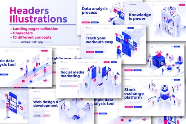现代信息科技概念插画网站着陆页设计模板大合集 Landing page template on various topics