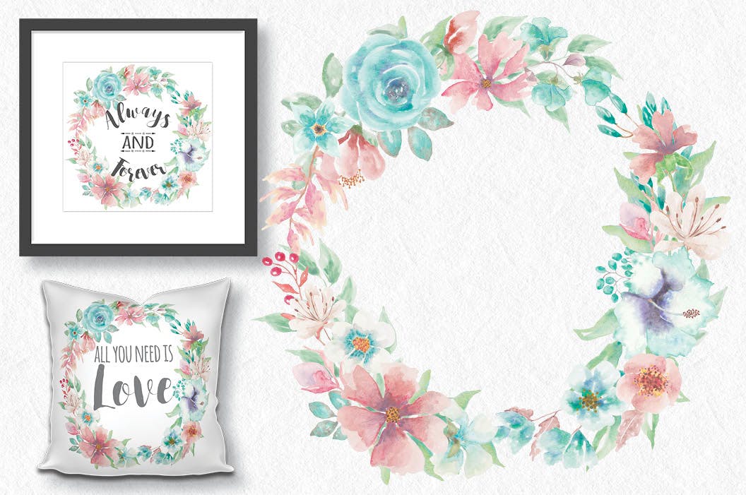 “珊瑚与海”:水彩花圈和花束水彩手绘剪贴画PNG素材 “Coral and Sea”: Watercolor Wreath and Bouquets插图(1)