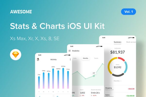 iOS手机数据统计类APP应用UI界面设计SKETCH素材v1 Awesome iOS UI Kit – Stats, Charts Vol. 1 (Sketch)