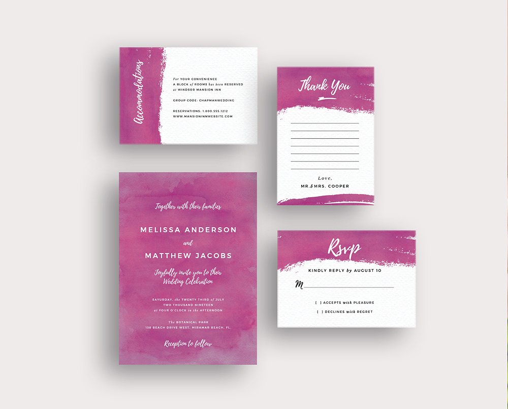 紫色笔刷纹理背景婚礼邀请函设计套件 Purple brush watercolor invite插图(1)