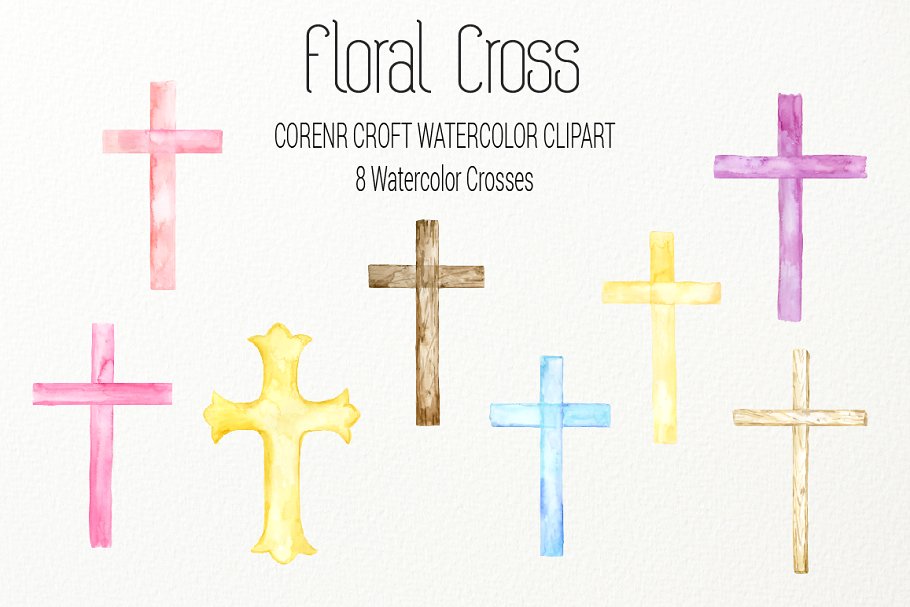水彩艺术花卉十字架剪贴画 Watercolor clip Art Floral Cross插图(1)