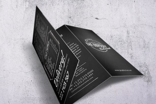 黑色复古排版餐厅菜单PSD模板 Odyssey A4 Trifold Menu插图(1)