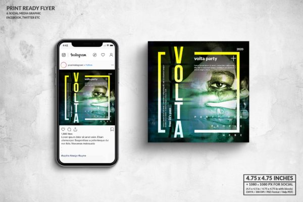 音乐先锋活动传单&amp;社交广告图设计模板 Volta Music Square Flyer &amp; Social Media Post