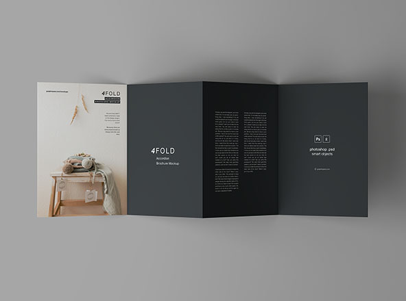 四折页风琴式传单设计效果图样机模板 4 Fold Accordion Brochure Mockup