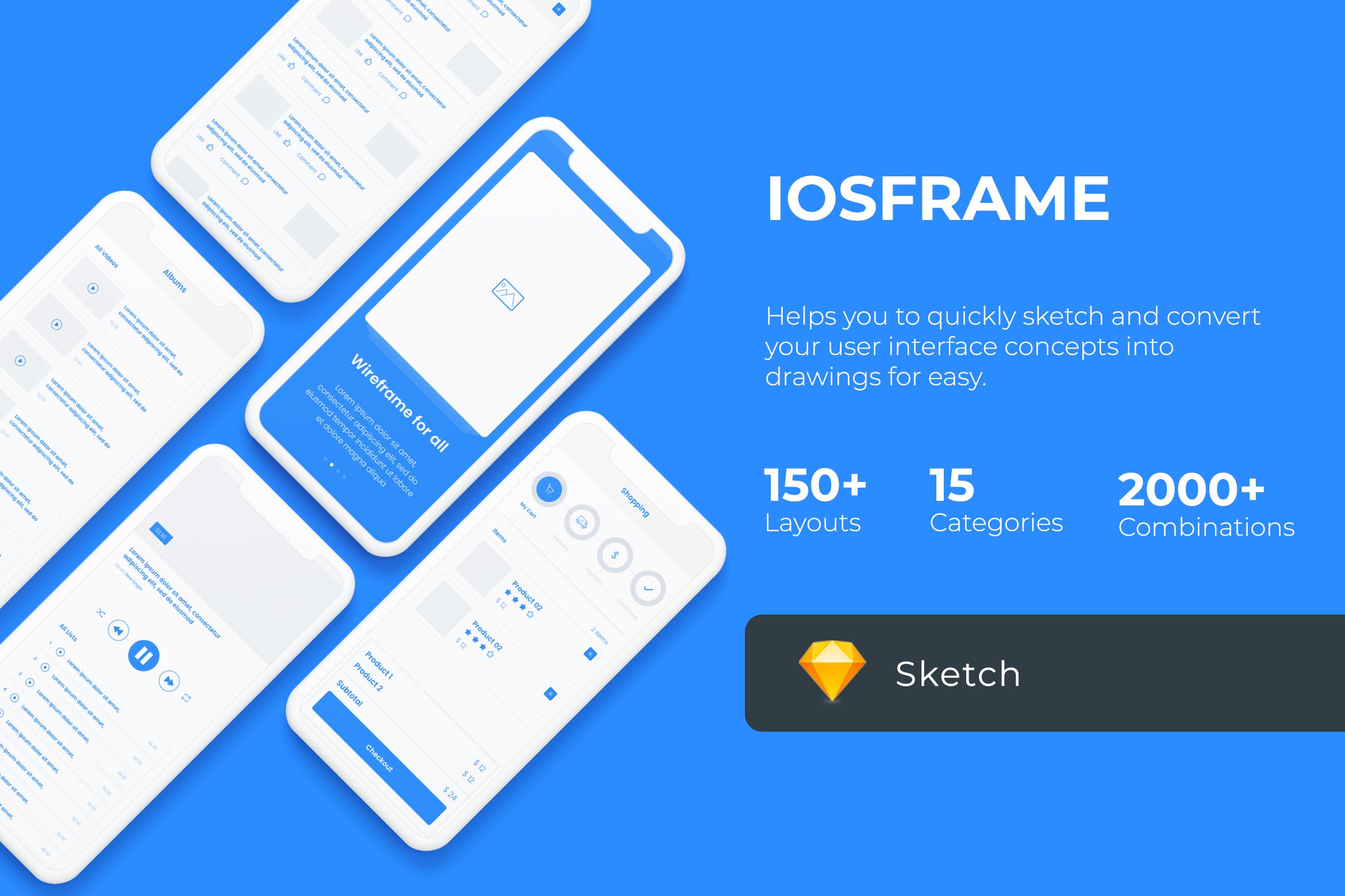 150+iOS平台APP应用界面设计线框图SKETCH素材 iOS Wireframe Mobile UIT KIT – Sketch Version插图