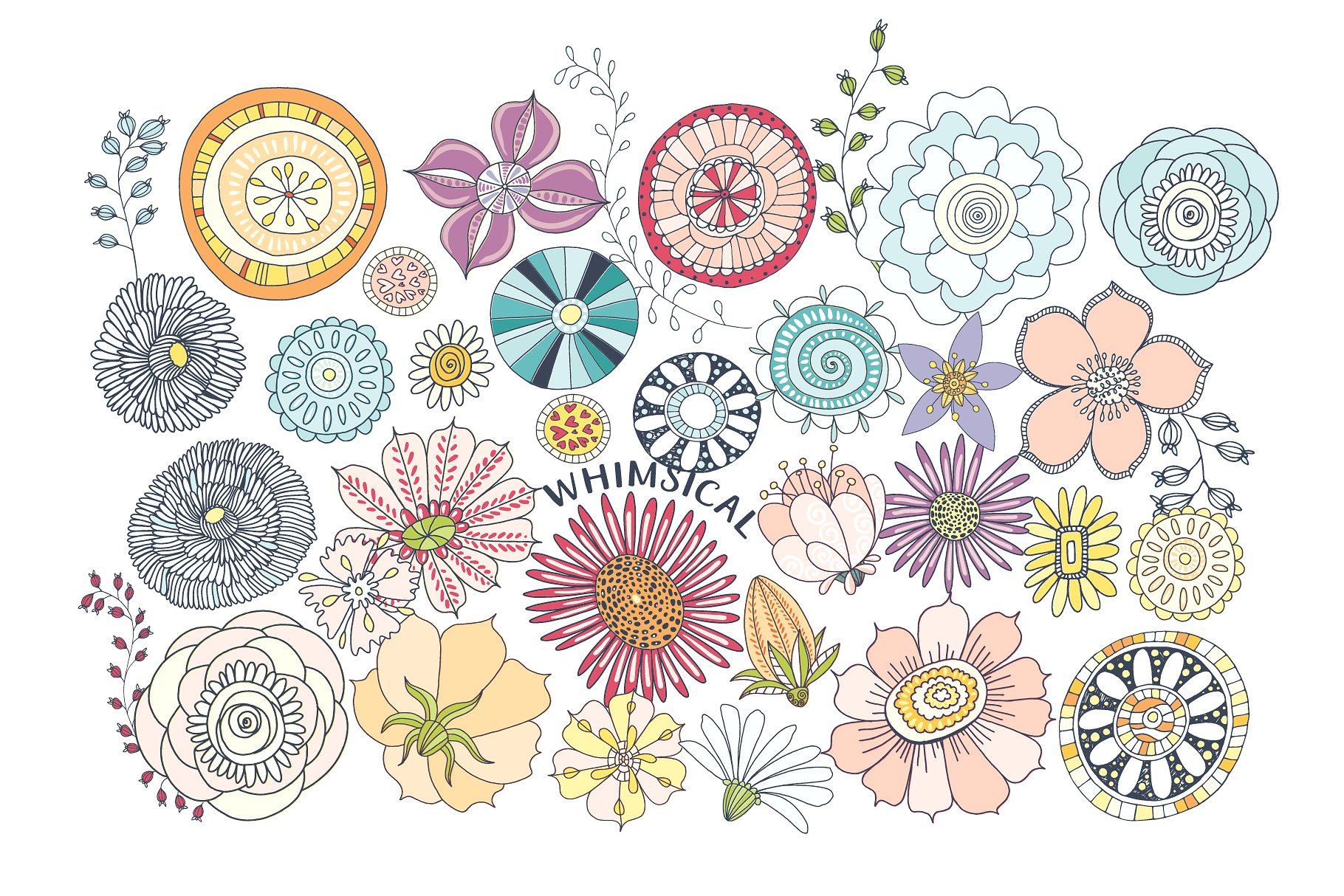 梦幻繁花似锦水彩手绘花卉蝴蝶树叶矢量图形 Fantasy Flowers, Floral Wreaths插图(9)