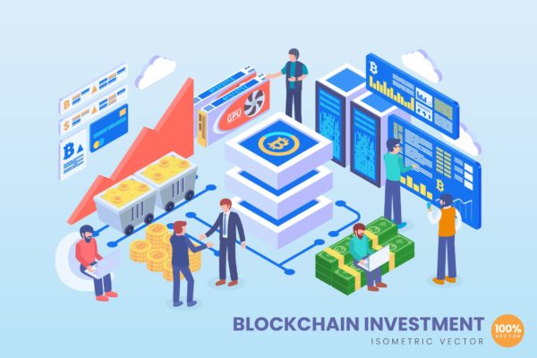区块链投资主题等距矢量素材库精选概念插画素材 Isometric Blockchain Investment Vector Concept