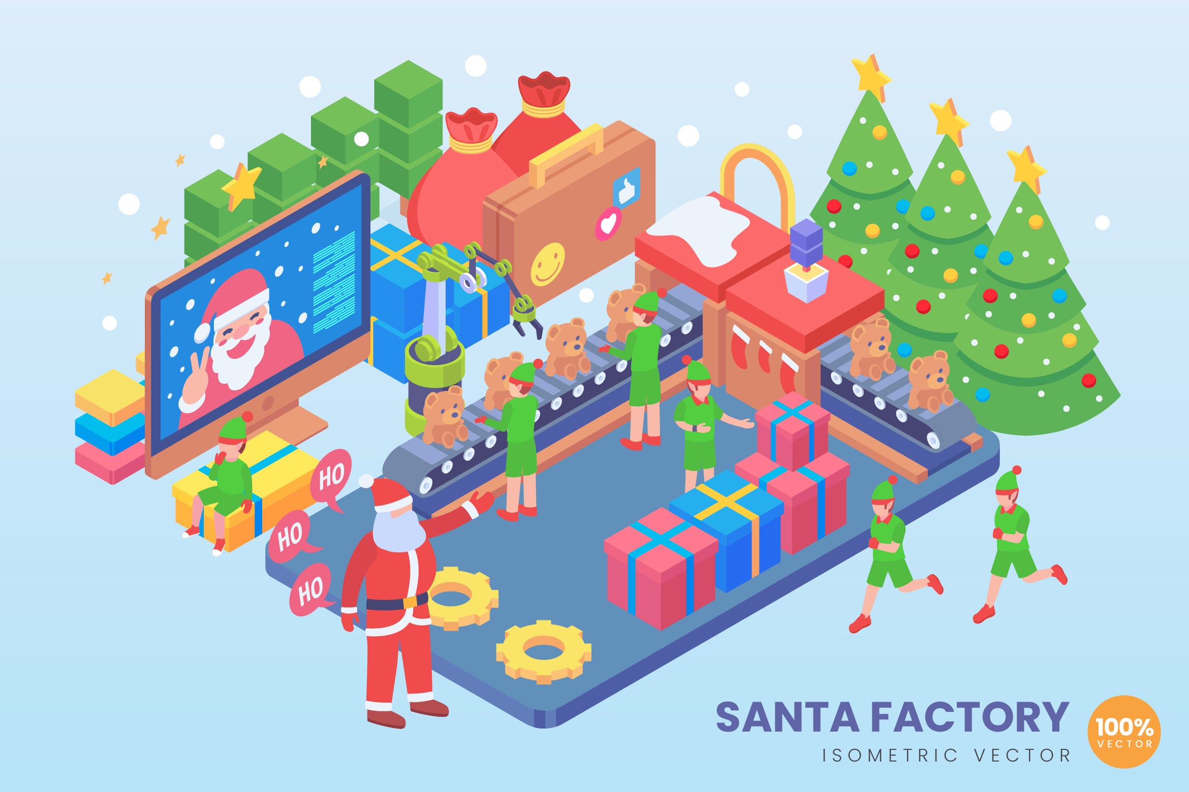 圣诞工厂等距矢量科技素材库精选概念插画v1 Isometric Santa Factory Vector Concept插图