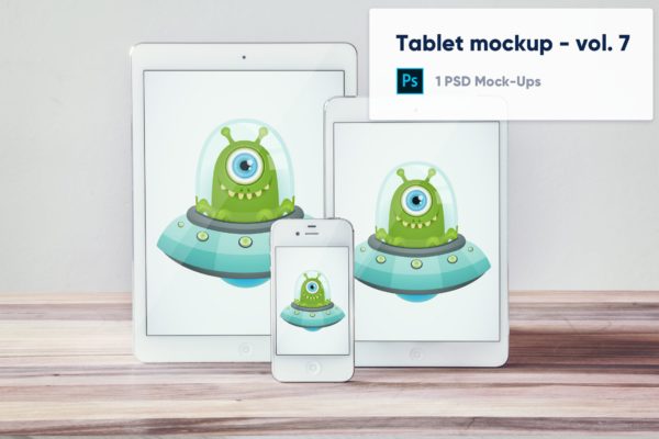木桌上的iPhone&amp;iPad屏幕展示素材库精选样机模板v7 Tablets and Phone on Wooden Desk Mockup – Vol. 7