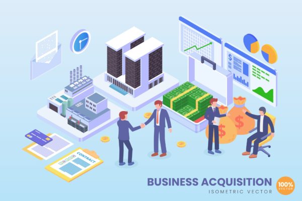 商业收购主题等距矢量素材库精选科技概念插画 Isometric Business Acquisition Technology Vector