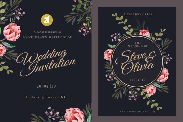 水彩手绘花卉婚礼婚宴邀请平面设计素材 Floral Hand-drawn Watercolor Wedding Invitation
