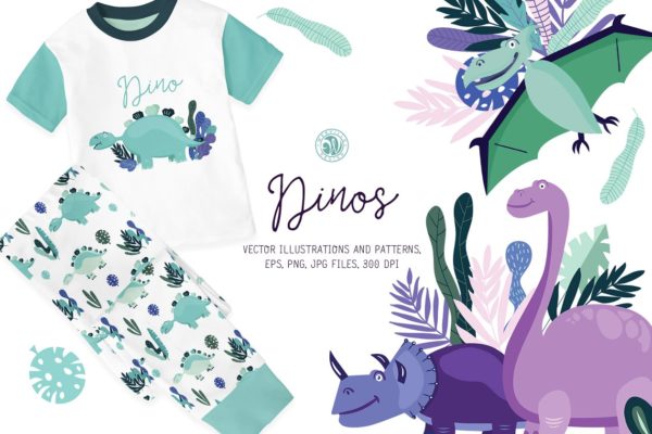 可爱卡通手绘恐龙插画设计素材 Dinos
