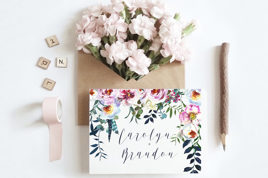 波西米亚风白色&粉色牡丹水彩剪贴画 Boho White Pink Peonies Watercolor插图(8)